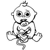 Press Any Key To Live title screen, with a sketch of an infant holding an Atari joystick